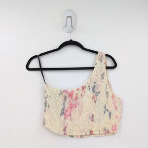 S/W/F SWF Women L Asymmetrical Crop Top Yellow Tie Dye Smocked One Shoulder NEW